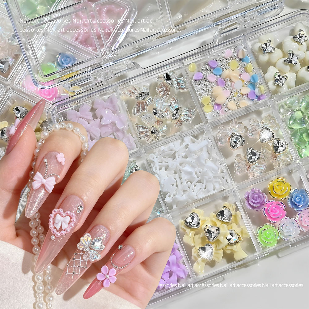 Resin Art Rose Petals - 12칸 믹스 레진 보우 로즈 네일
